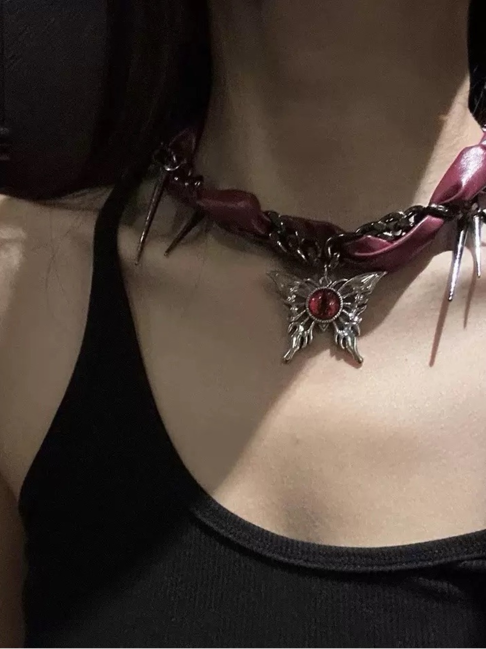 Anthropologie Maroon Ribbon Butterfly Choker Necklace